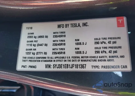 2018 Tesla Model 3 Long Range/Performance из США, поврежденный, VIN 5YJ3E1EB1JF181367